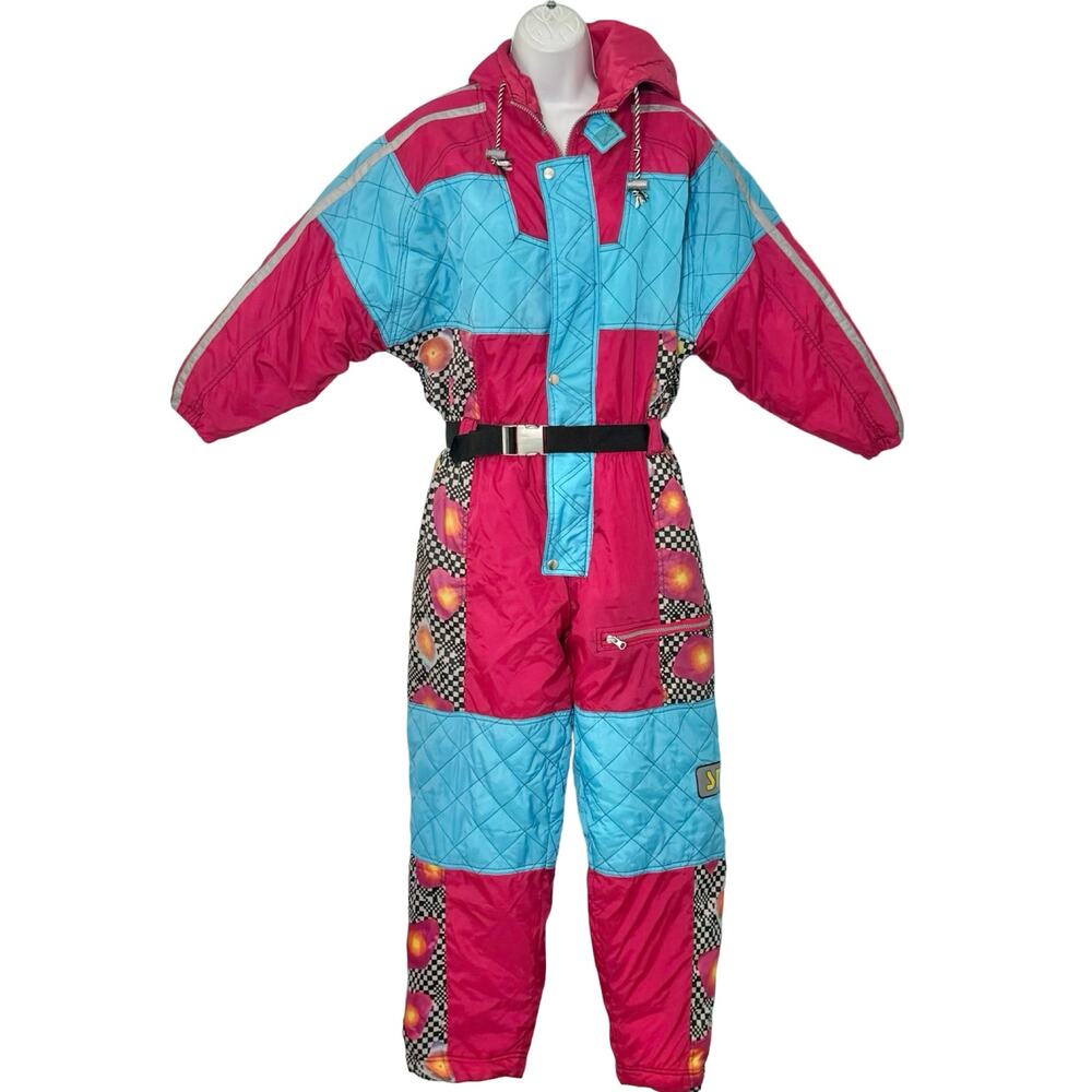 Vintage 90s Blue Pink Checkerboard Hooded Ski Suit One Piece Size S *GOOD*
